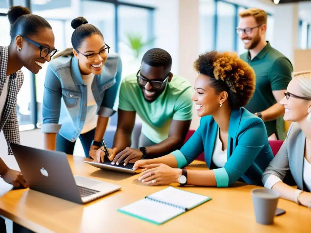 Un espacio de trabajo vibrante y colaborativo con diversidad de personas, discutiendo y resolviendo problemas juntos