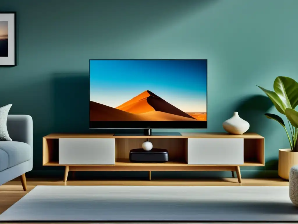 Espacioso salón moderno con elegante mueble para TV y pantalla 8K