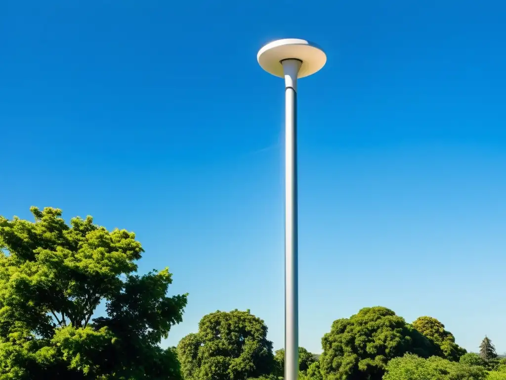 Crear estación meteorológica código abierto en medio de la naturaleza bajo cielo azul despejado, con diseño moderno y tecnología de vanguardia