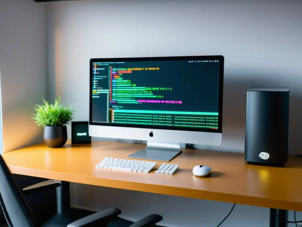 Una estación de trabajo de desarrollador web con monitor moderno, código vibrante y ambiente profesional