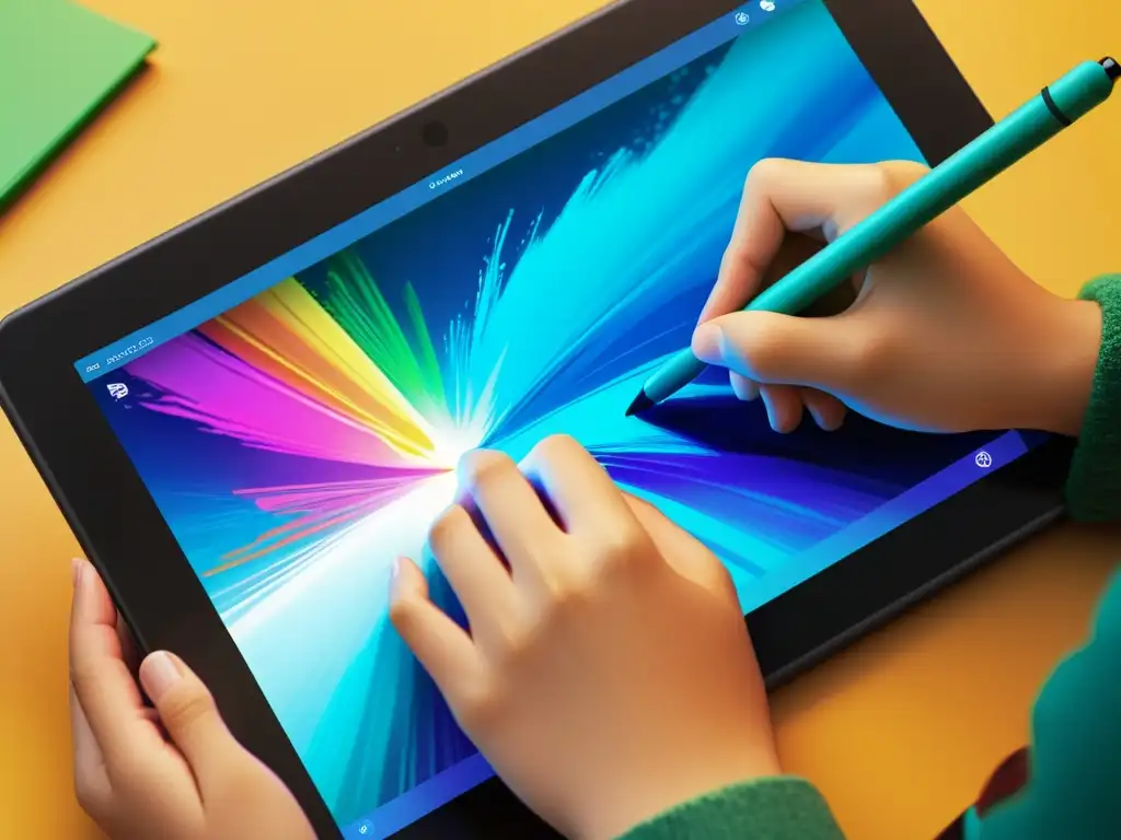 Un estudiante crea arte digital vibrante y colorido en una tableta, mostrando la innovación educativa con Canvas LMS