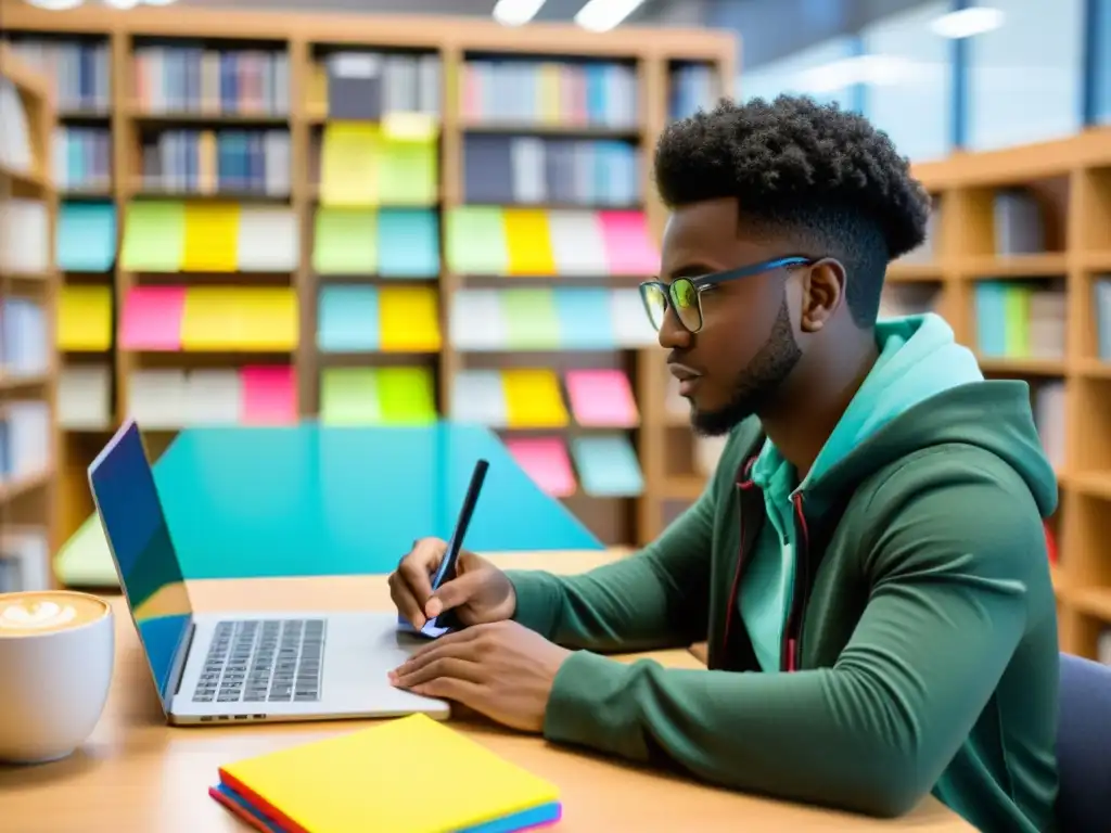 Estudiante concentrado en espacioso lugar de estudio con aplicaciones de productividad de código abierto y metas académicas en notas adhesivas