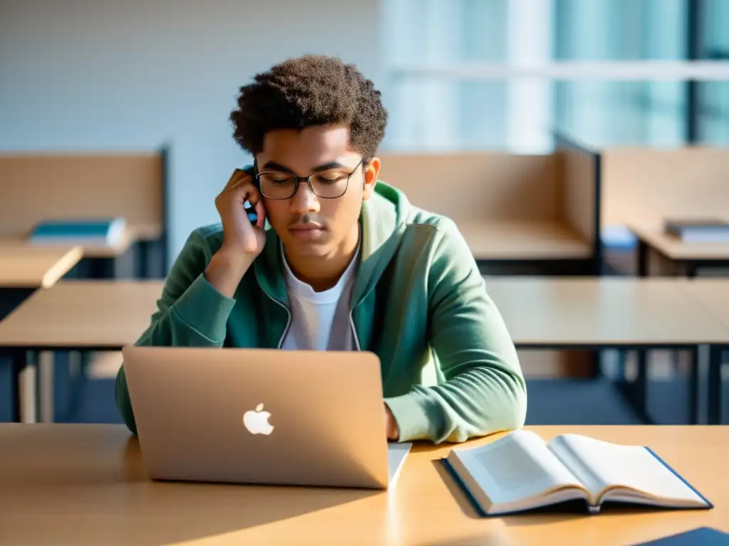 Un estudiante concentrado con libros y laptop en un espacio moderno y luminoso, fomentando la productividad con aplicaciones de código abierto