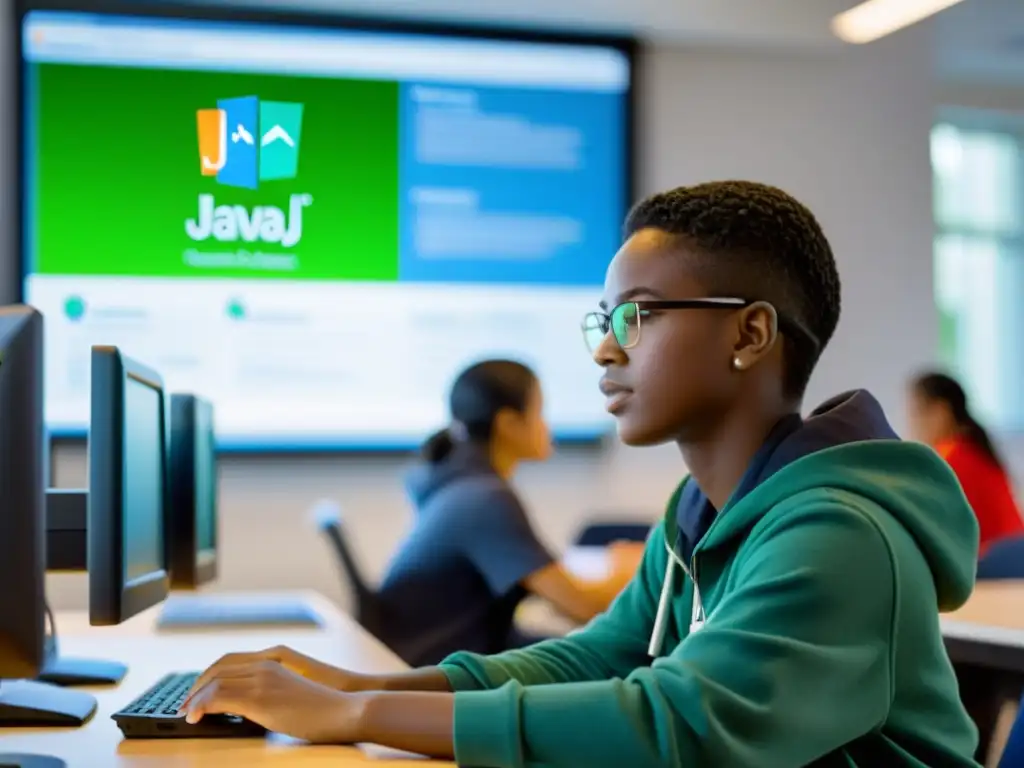 Estudiante concentrado en proyecto de codificación Java en aula moderna Estudiante concentrado en proyecto Java con IDEs educativos, rodeado de material educativo en aula moderna