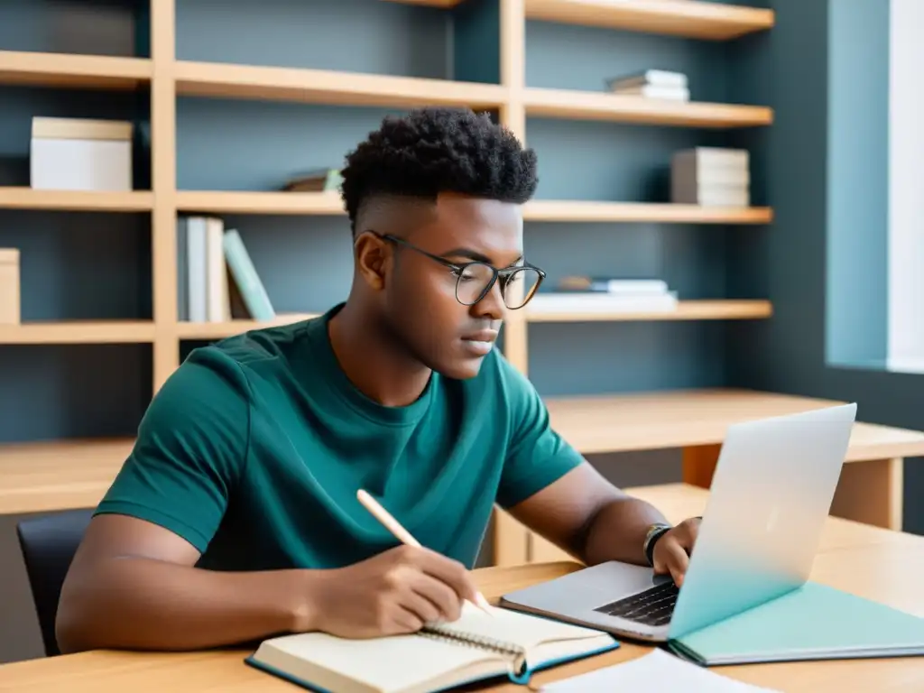 Estudiante enfocado trabajando en su escritorio con aplicaciones de productividad y libros abiertos, evocando un ambiente profesional y de estudio