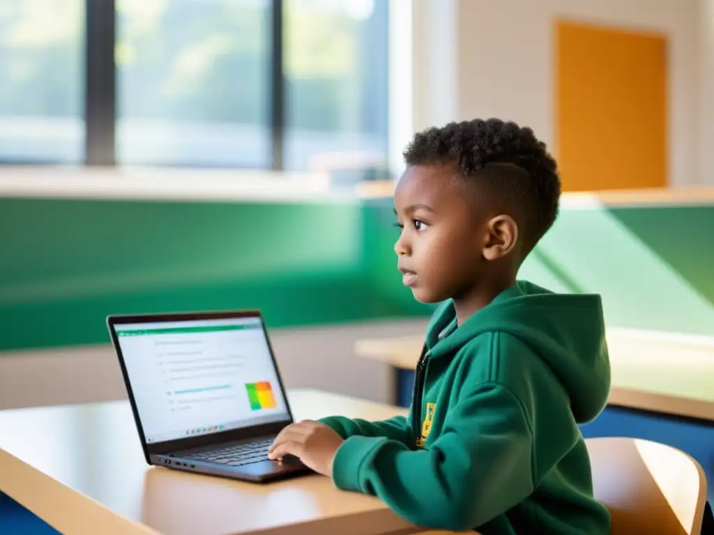 Estudiante entusiasta programando en Thonny IDE, en un aula moderna y luminosa