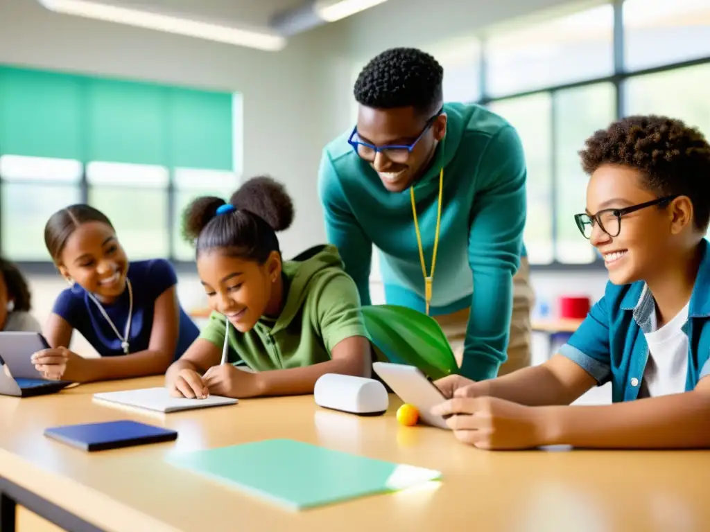 Estudiantes diversos participan en actividades educativas innovadoras en un aula moderna y bien equipada