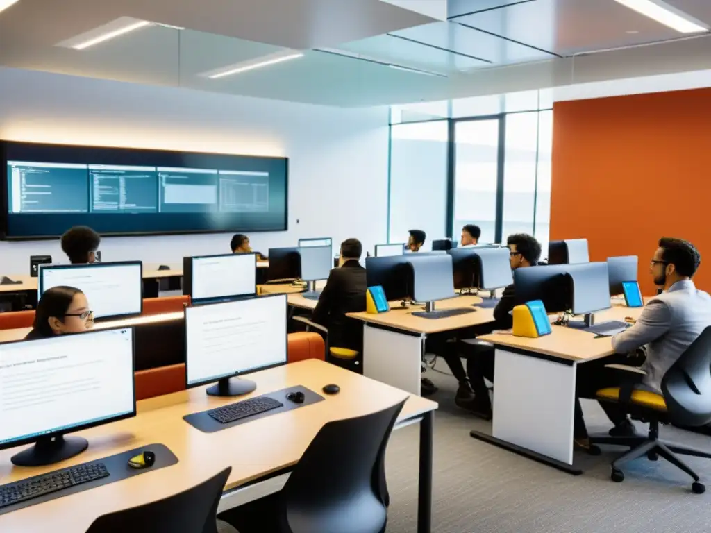 Estudiantes participan en actividades de eLearning en un aula moderna con computadoras Linux