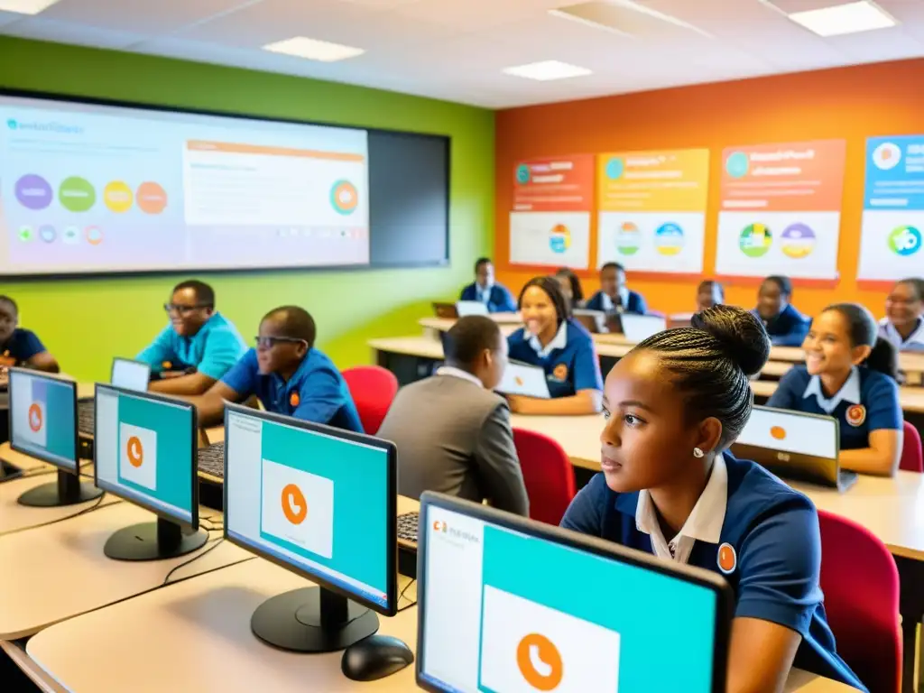 Estudiantes colaborando en alegre aula con computadoras Ubuntu, promoviendo el acceso a la informática de calidad