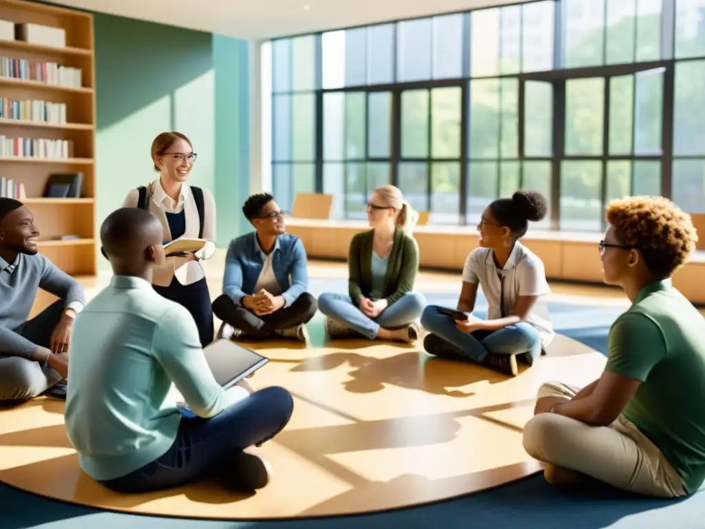 Estudiantes diversos participan en animada discusión en aula moderna con luz natural