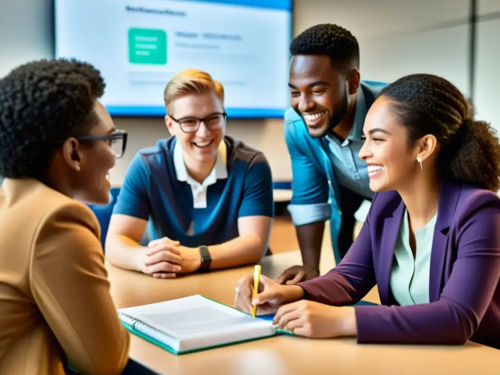 Discusión vibrante en aula moderna: diversidad y aprendizaje inclusivo Estudiantes diversos participan en animada discusión en aula tecnológica de Open edX plataforma educativa código abierto