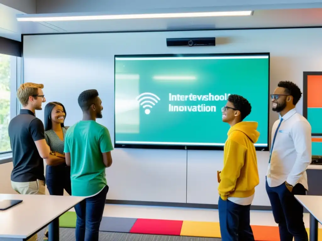 Aprendizaje colaborativo con tecnología IoT en aula futurista Estudiantes colaborando en aprendizaje interactivo IoT código abierto en un aula futurista y dinámica