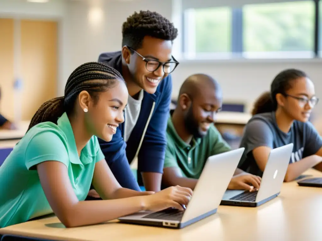 Aprendizaje colaborativo con Linux: innovación educativa Estudiantes colaboran en un aula iluminada por luz natural, utilizando software de código abierto en laptops y tablets
