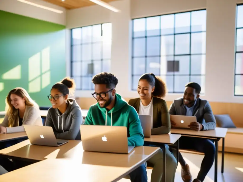 Estudiantes colaborando en un aula luminosa con suites ofimáticas de código abierto, reflejo de una educación moderna y vibrante