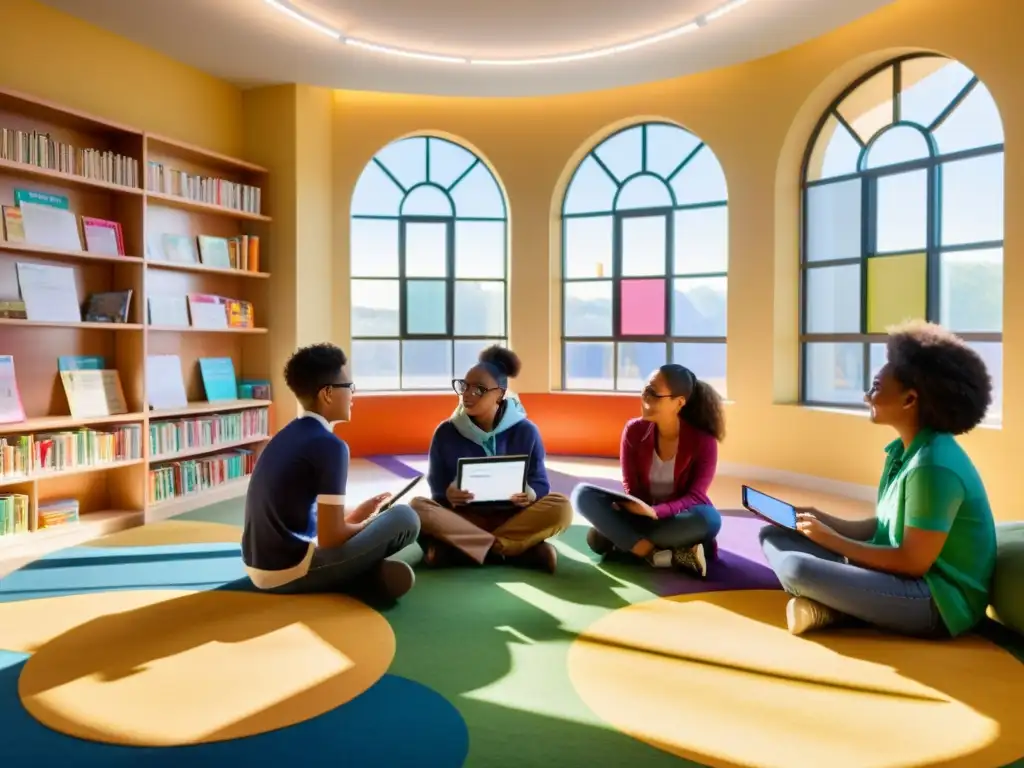 Estudiantes colaborando en un aula con luz natural, usando tablets y laptops