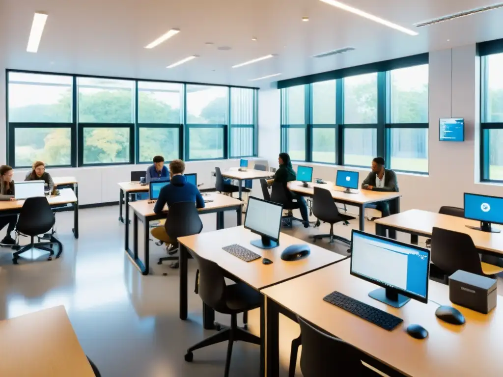 Estudiantes en un aula moderna, practicando aprendizaje automático con código abierto en un ambiente innovador y dinámico
