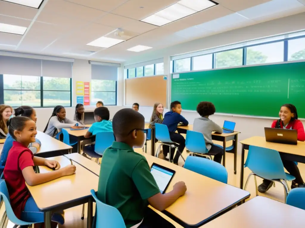 Estudiantes colaborando en un aula moderna, destacando los beneficios del software de código abierto en educación