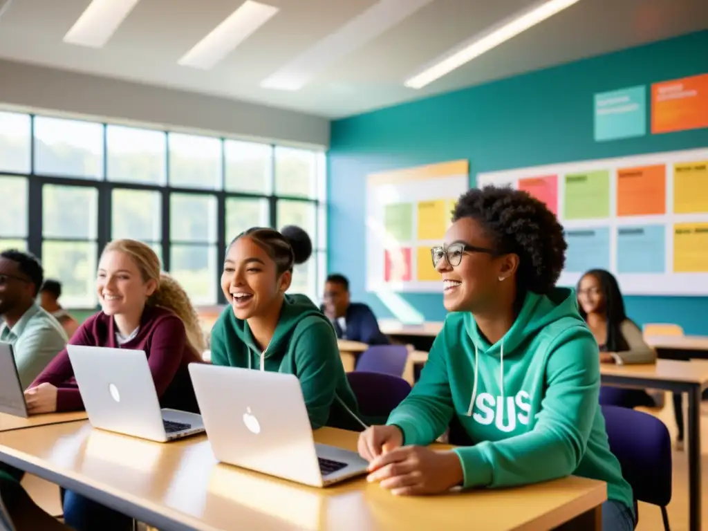 Estudiantes colaborando en aula moderna, discutiendo con entusiasmo los beneficios de IDEs de código abierto en educación