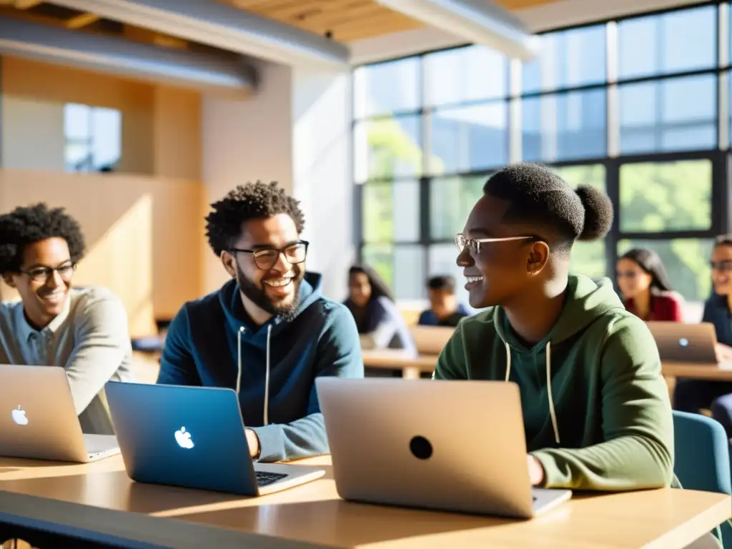 Estudiantes colaborando en un aula moderna con IDEs de código abierto, creando un ambiente de aprendizaje dinámico y progresivo