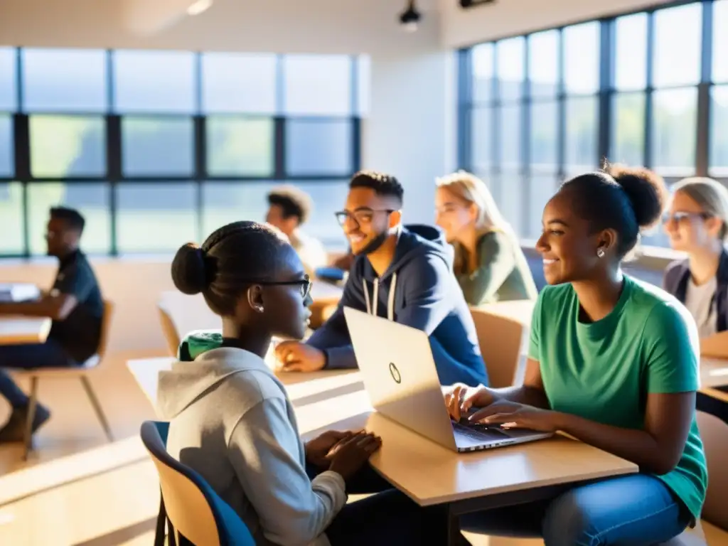 Estudiantes colaboran en aula moderna usando IDEs de código abierto