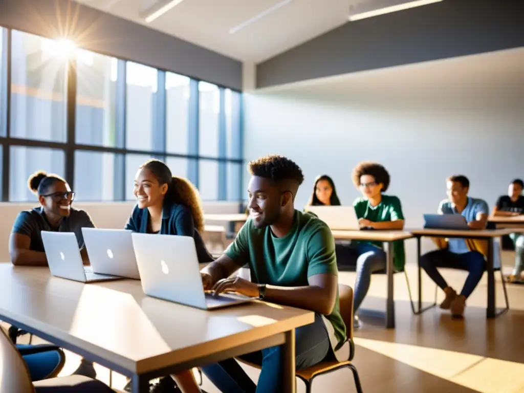 Estudiantes colaborando en aula moderna con IDEs de código abierto, destacando beneficios en educación y trabajo en equipo