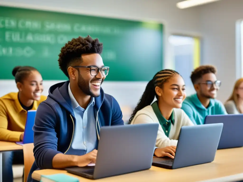 Estudiantes colaborando en un aula moderna con laptops y libros abiertos, resaltando los beneficios del software de código abierto en educación