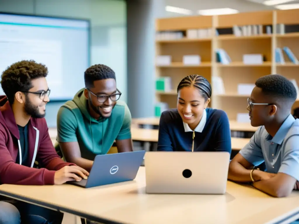 Estudiantes colaborando en aula moderna con libros de código abierto