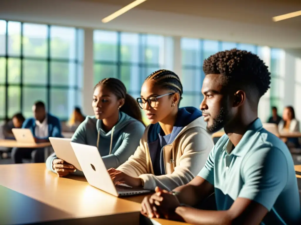 Estudiantes colaborando en una aula moderna con luz solar, usando laptops y tablets