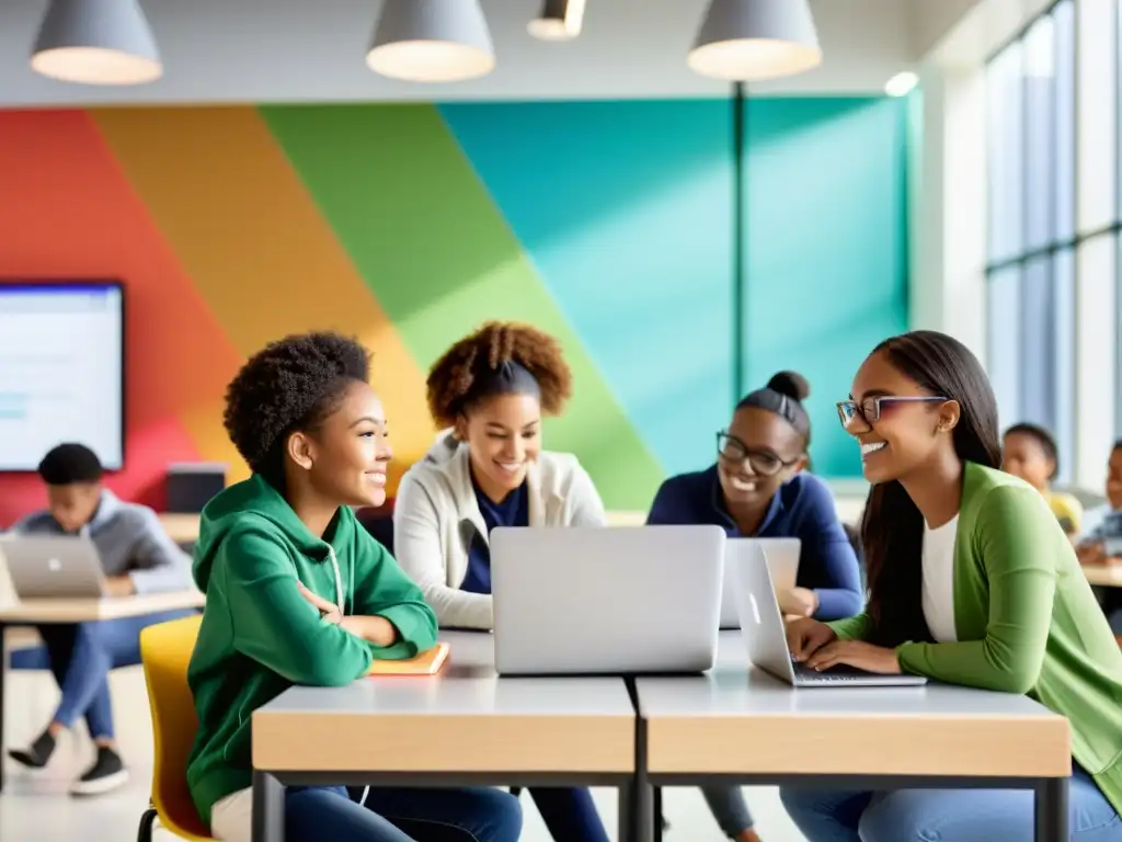 Estudiantes colaborando en laptops en un aula moderna con luz natural