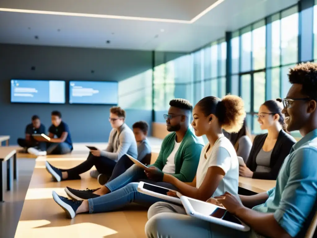 Estudiantes colaborando en aula moderna con Plataforma de Aprendizaje OpenOLAT, ambiente interactivo y tecnológico