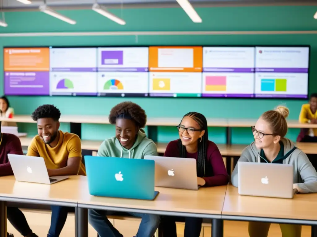 Estudiantes colaborando en un aula moderna con la plataforma Moodle