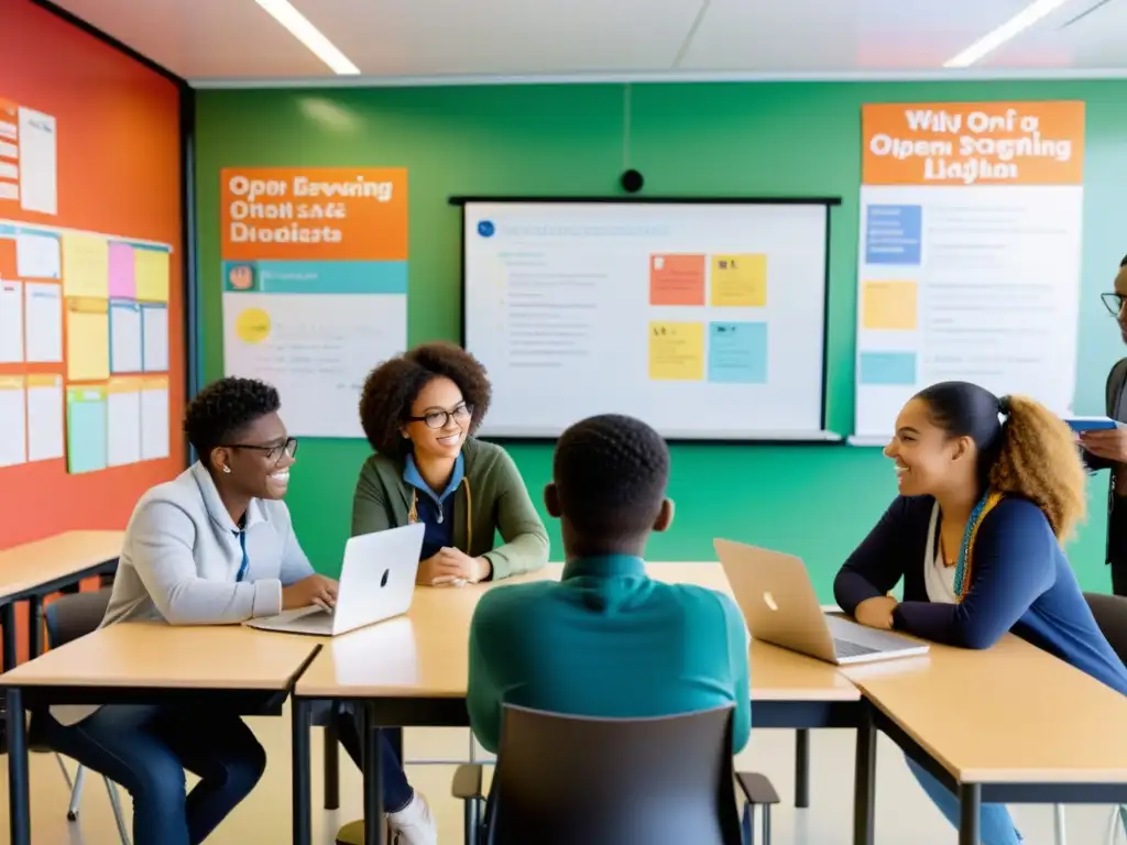 Estudiantes colaborando en un aula moderna, integrando recursos educativos abiertos