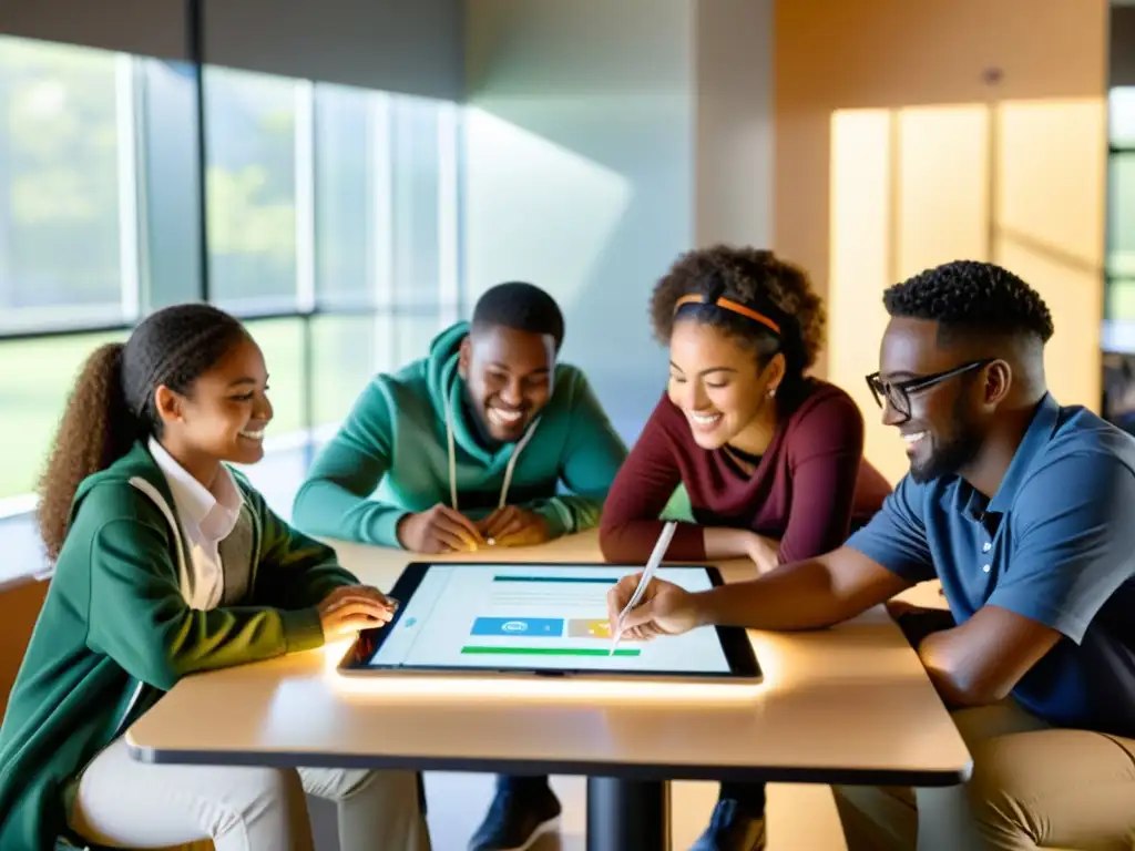 Estudiantes colaborando en aula moderna con Recursos Educativos de Código Abierto, en ambiente innovador y dinámico