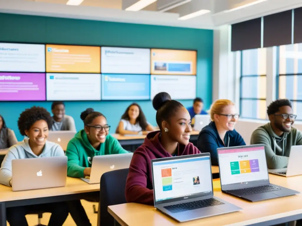 Estudiantes colaborando en aula moderna con software código abierto