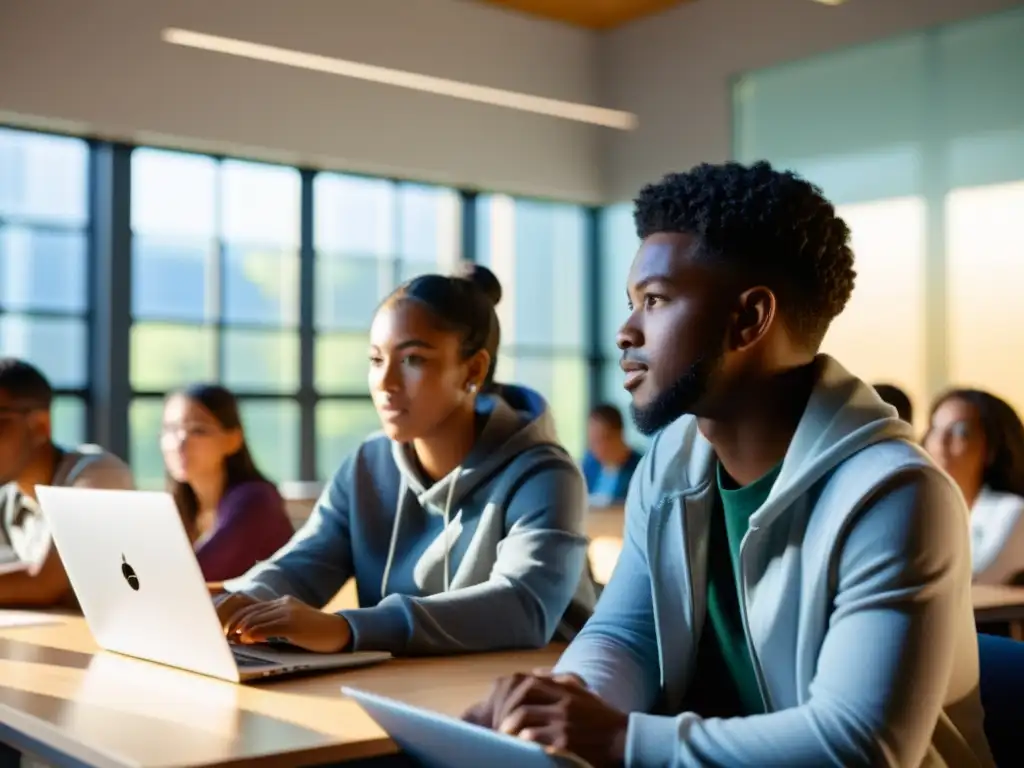 Estudiantes colaborando en aula moderna con software de código abierto, disfrutando beneficios del software de código abierto en educación