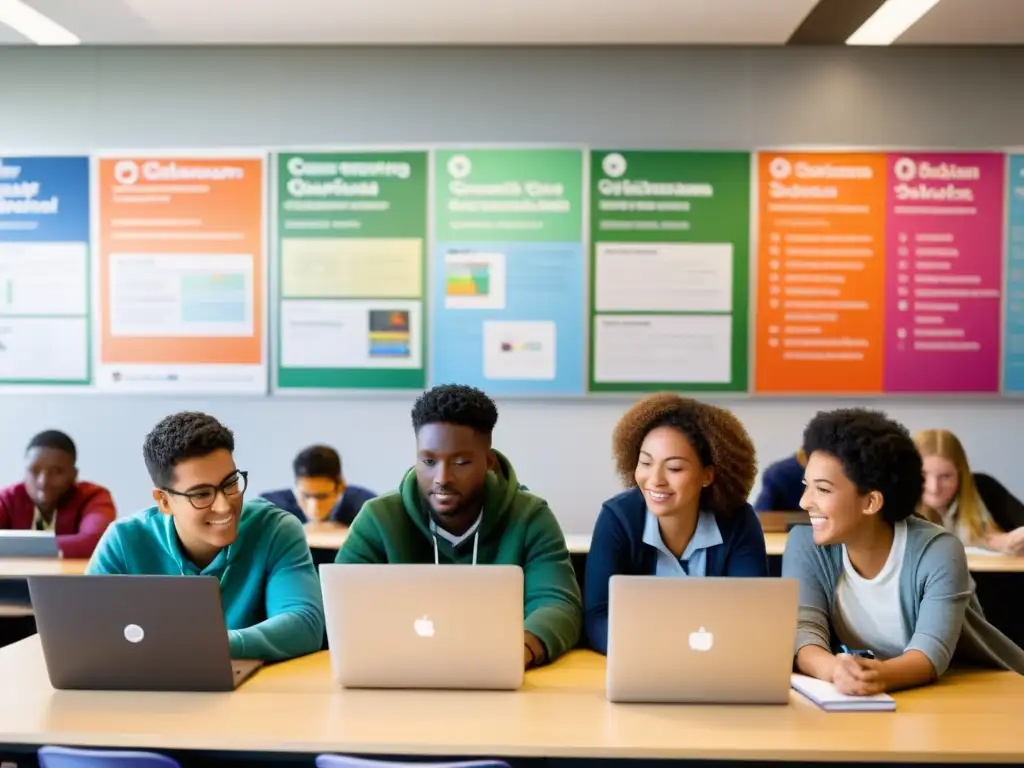 Estudiantes colaborando en aula moderna con software de código abierto, iluminada y llena de energía