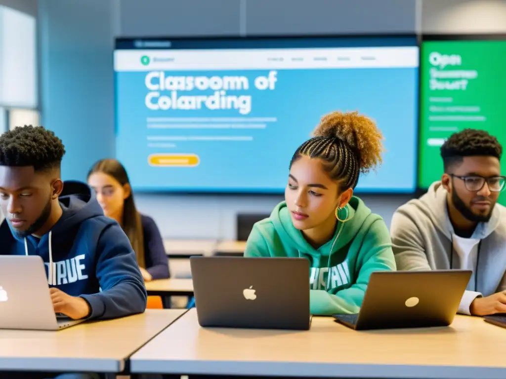 Estudiantes colaborando en aula moderna con tecnología de vanguardia, enfocados en proyectos de programación