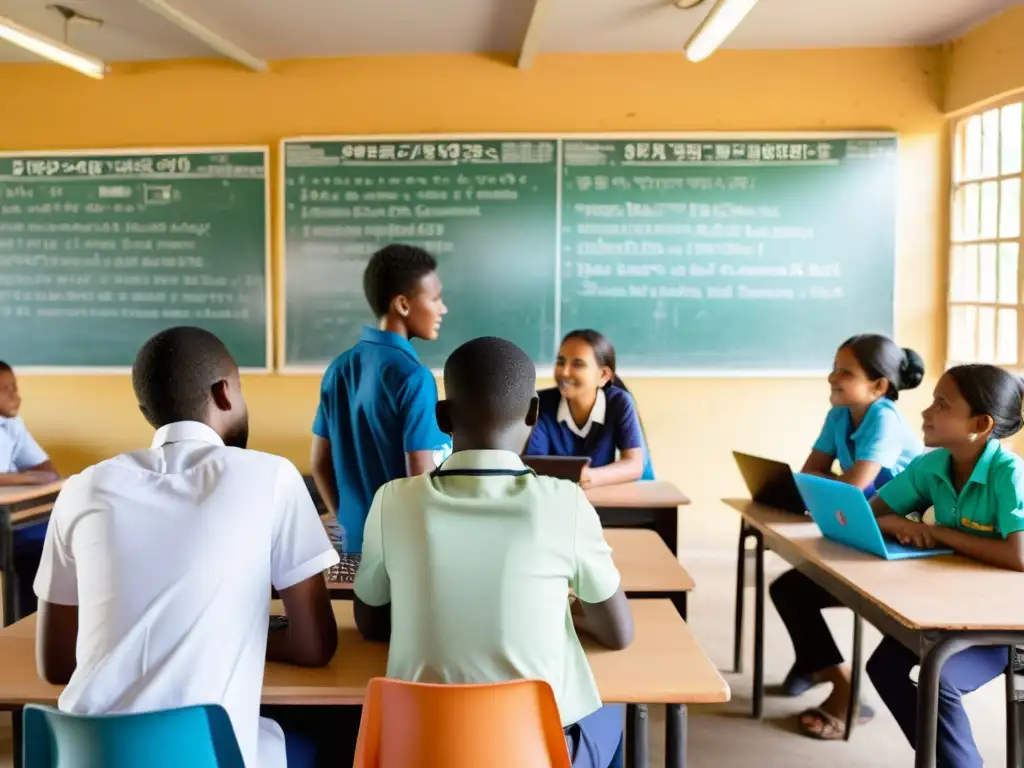 Estudiantes en un aula de un país en desarrollo participando en un proyecto de educación de código abierto