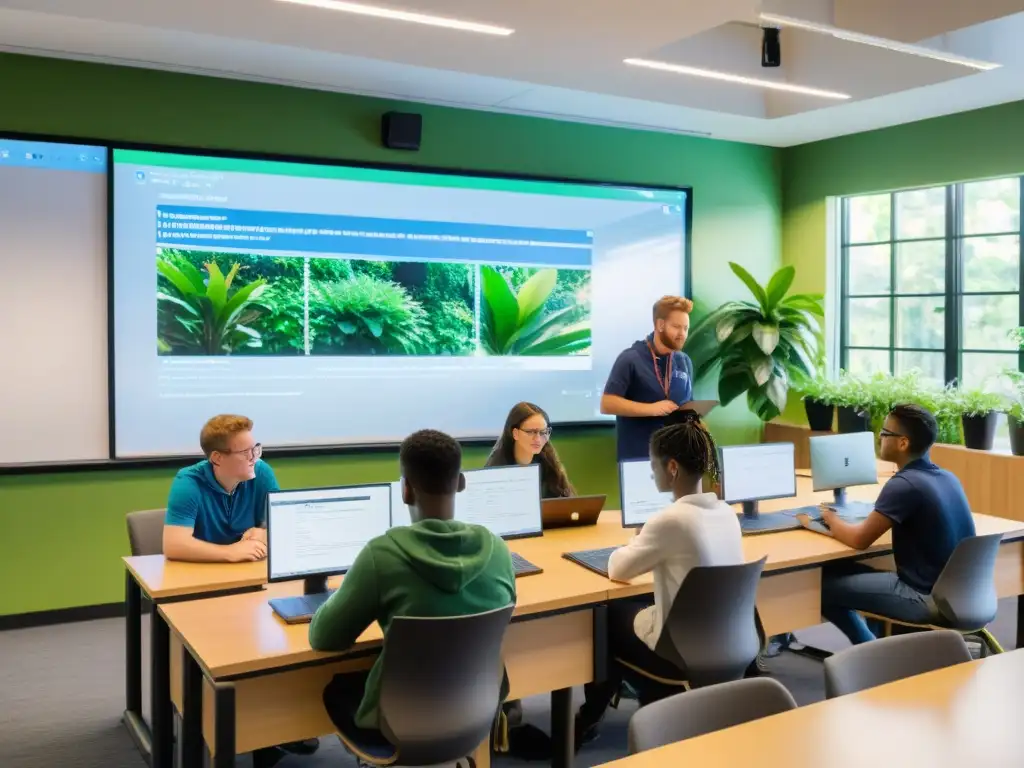 Estudiantes colaborando en un aula con plantas verdes, luz natural y código abierto en el pizarrón digital