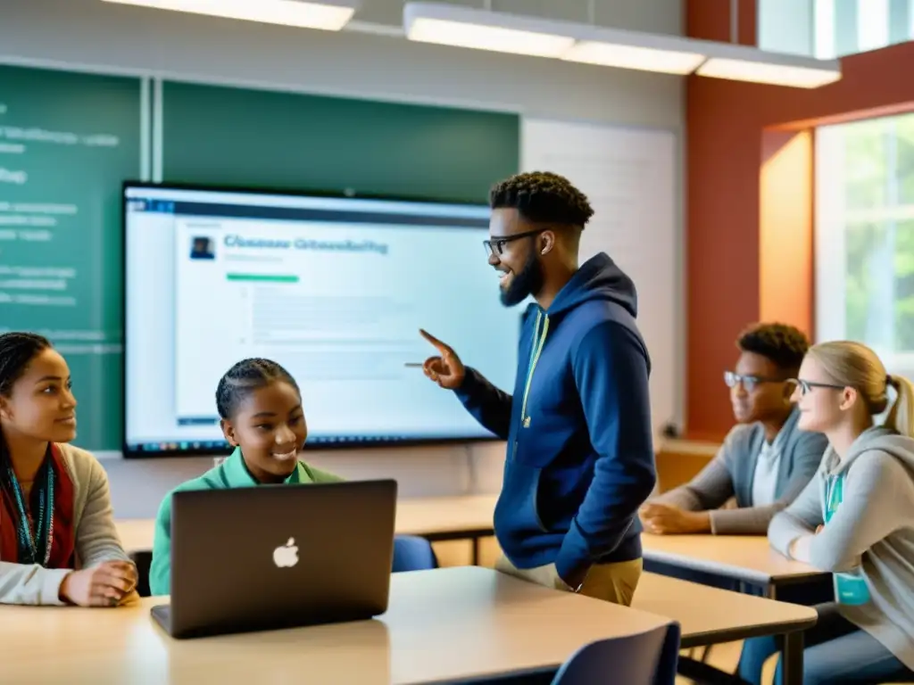 Estudiantes colaboran en aula con software de código abierto en educación, con luz natural y código en pizarra