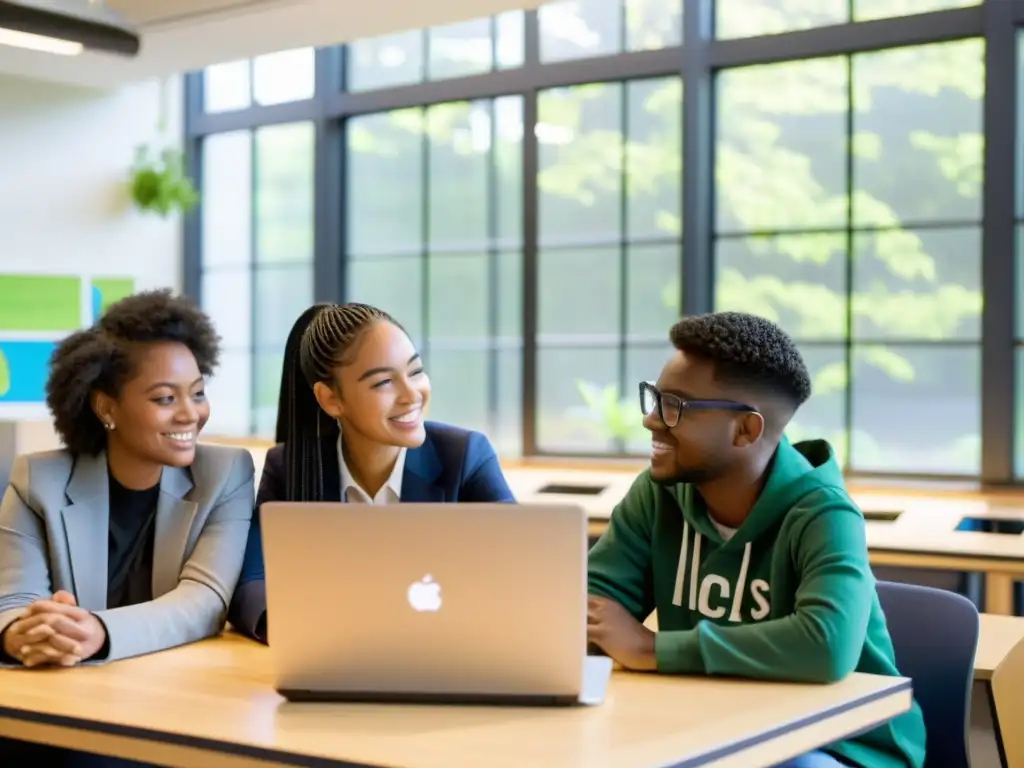 Estudiantes colaborando en aula sostenible con Software de Código Abierto, rodeados de naturaleza y tecnología ecoamigable