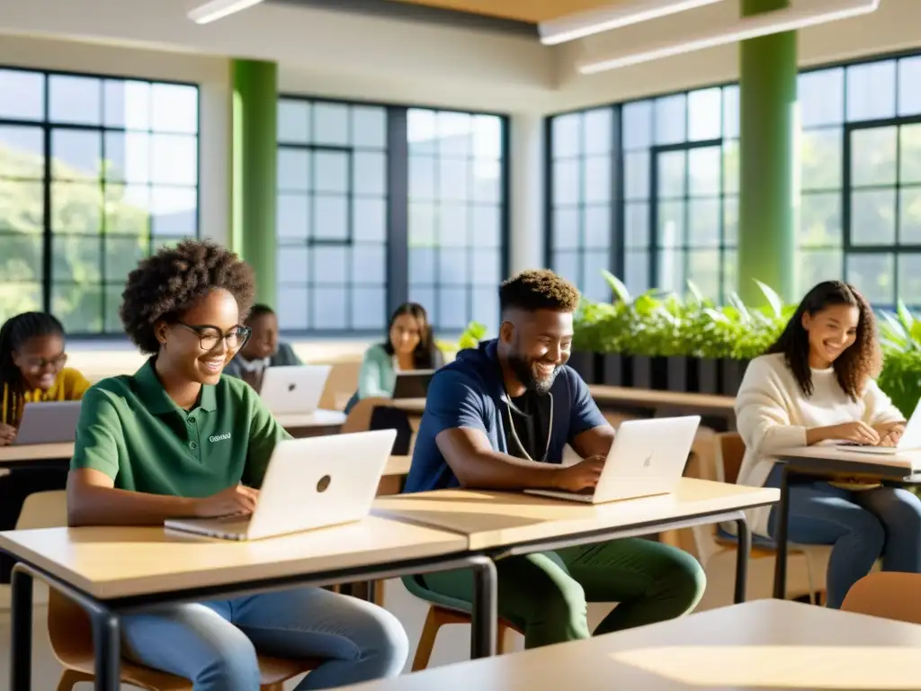 Estudiantes colaborando en un aula sostenible con software de código abierto, rodeados de plantas y materiales ecofriendly