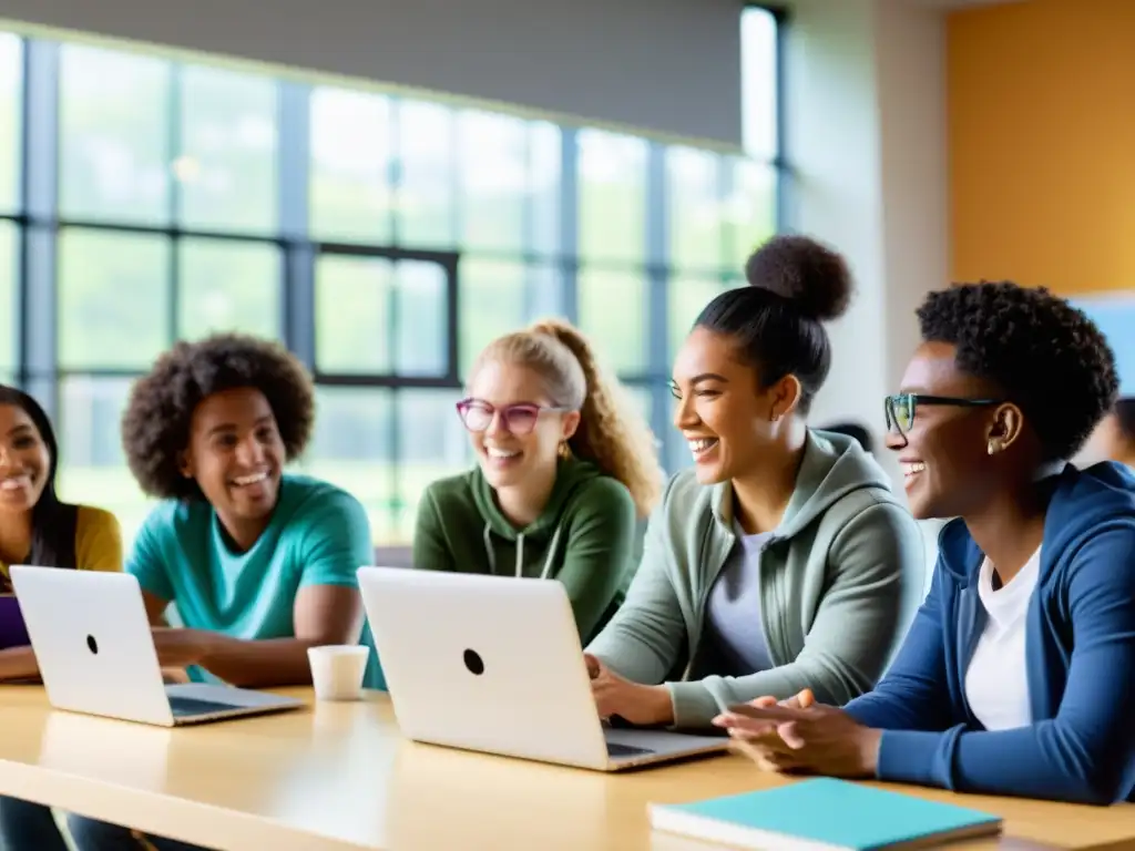 Estudiantes colaborando en aula virtual Moodle, con entusiasmo y creatividad, en un ambiente moderno y luminoso