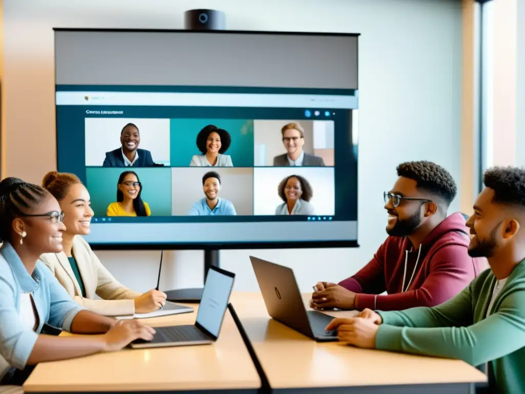 Estudiantes participando en un aula virtual con software libre educación a distancia en un entorno inclusivo y moderno 8k