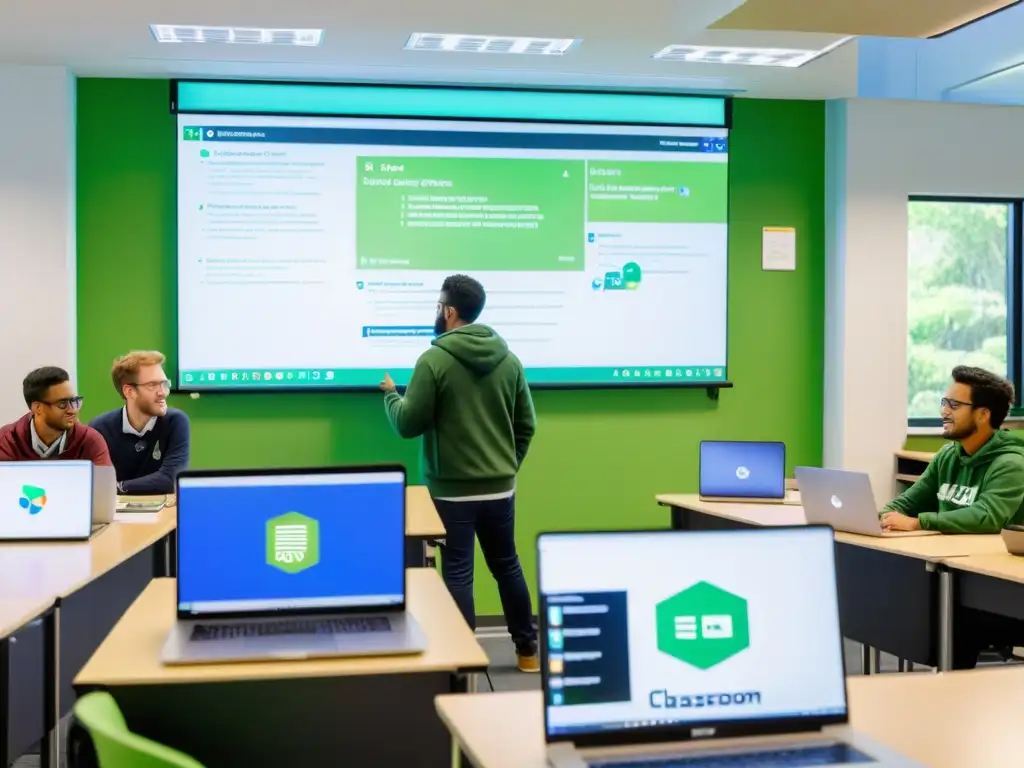 Aula activa y colaborativa con software de código abierto Estudiantes colaborando en aulas con software abierto, en un ambiente de aprendizaje activo y moderno