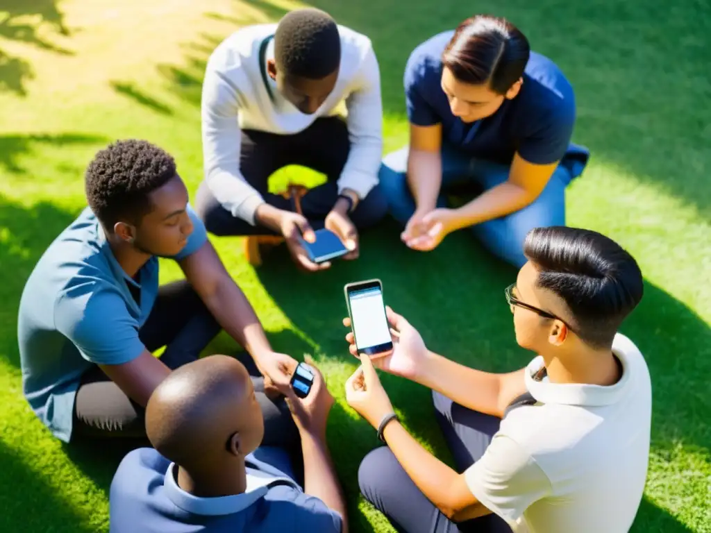 Estudiantes colaborando en círculo frente a la universidad, con sistemas operativos móviles de código abierto educación en sus smartphones