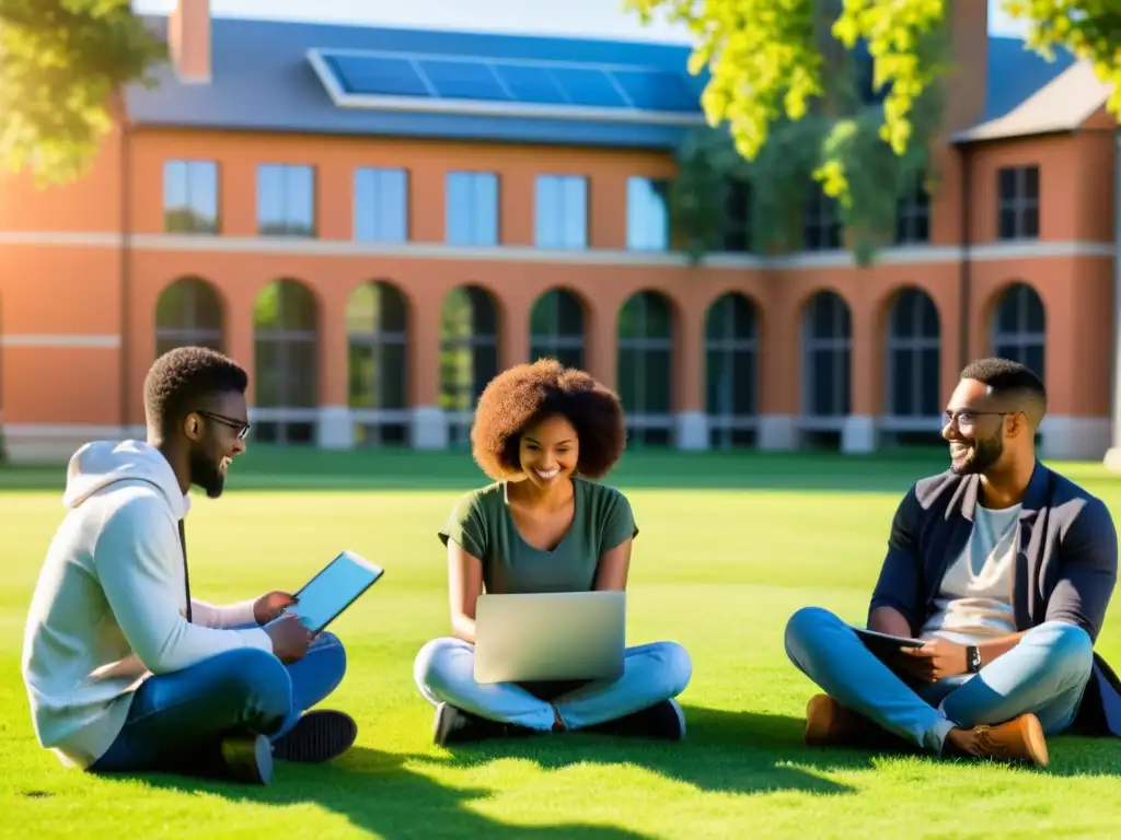 Estudiantes colaboran en círculo con laptops y tablets en campus soleado, mostrando la transformación educativa con software libre Moodle