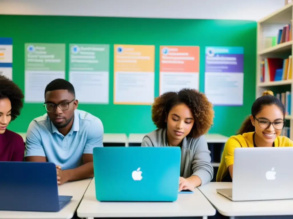 Estudiantes colaborando en clase, desarrollando software educativo de código abierto con determinación