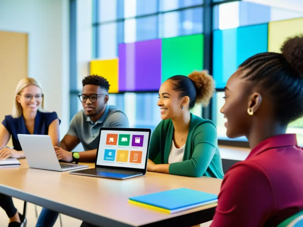 Estudiantes colaborando en clase con tecnología, integración de Opigno LMS en Drupal