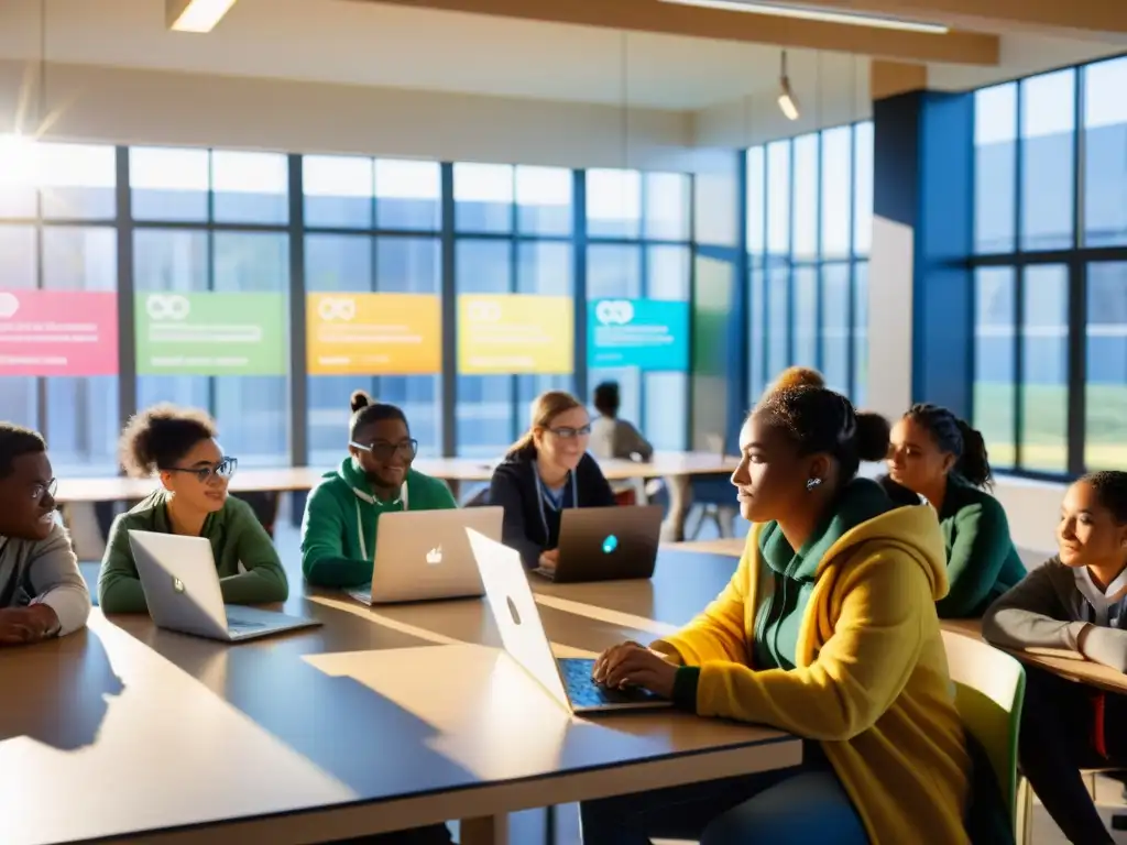 Estudiantes colaborando en programación de código abierto en aula moderna